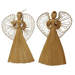 Vintage Christmas Angel Ornaments Raffia‎ Handmade Nine Inches Set of Two